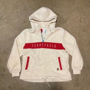 Teddy Fresh Sherpa Pullover Hoodie Red Pockets Logo 1/4 Zip size L